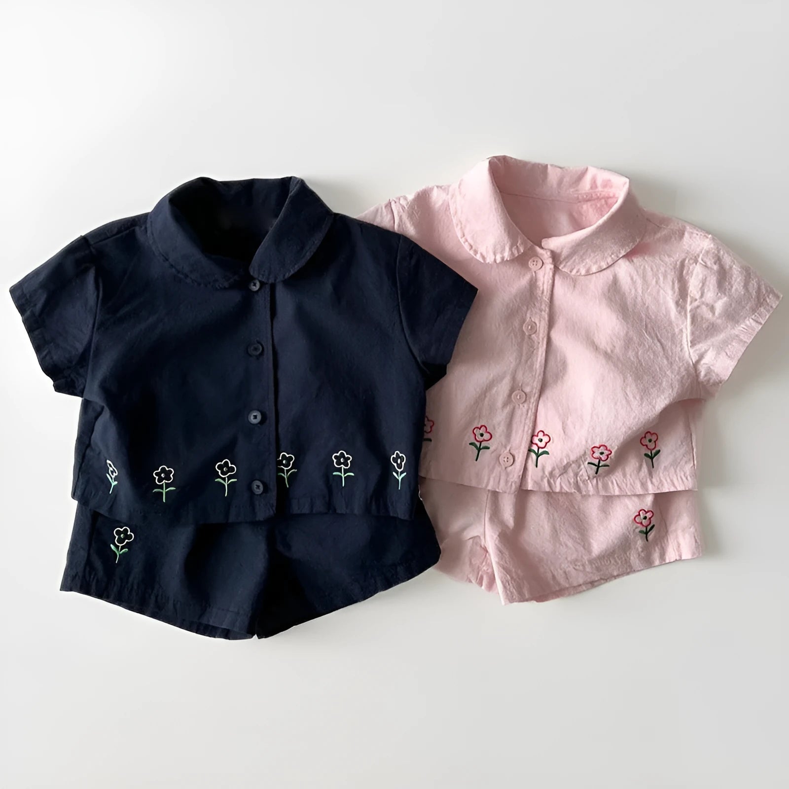 Cotton floral short sleeve shorts two-piece set for kids in pink and sapphire blue