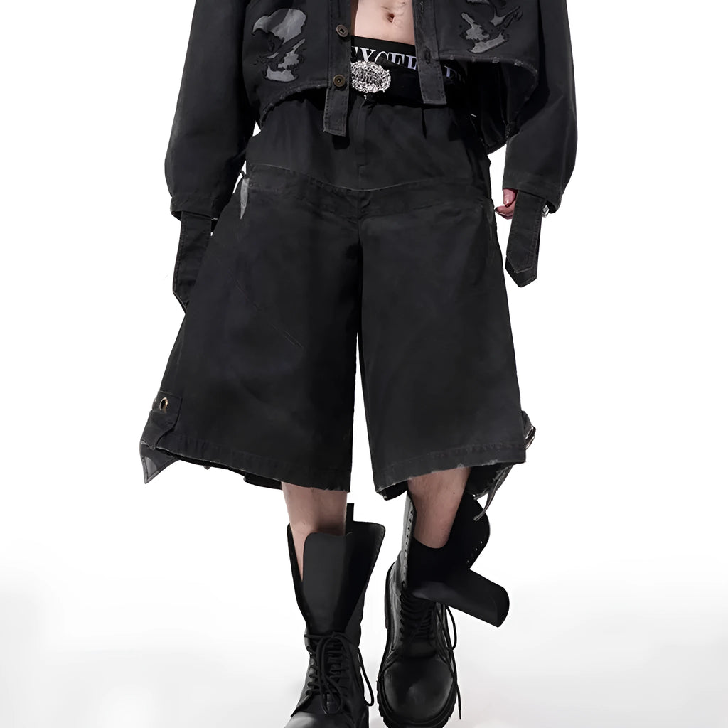 Men's double waist loose cropped pants in black with washed stitching, front view