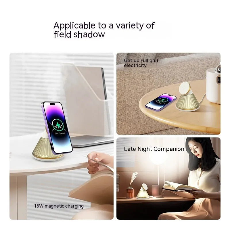 Night table lamp with magnetic wireless charger base in champagne gold, showing Type-C port and adjustable brightness controls