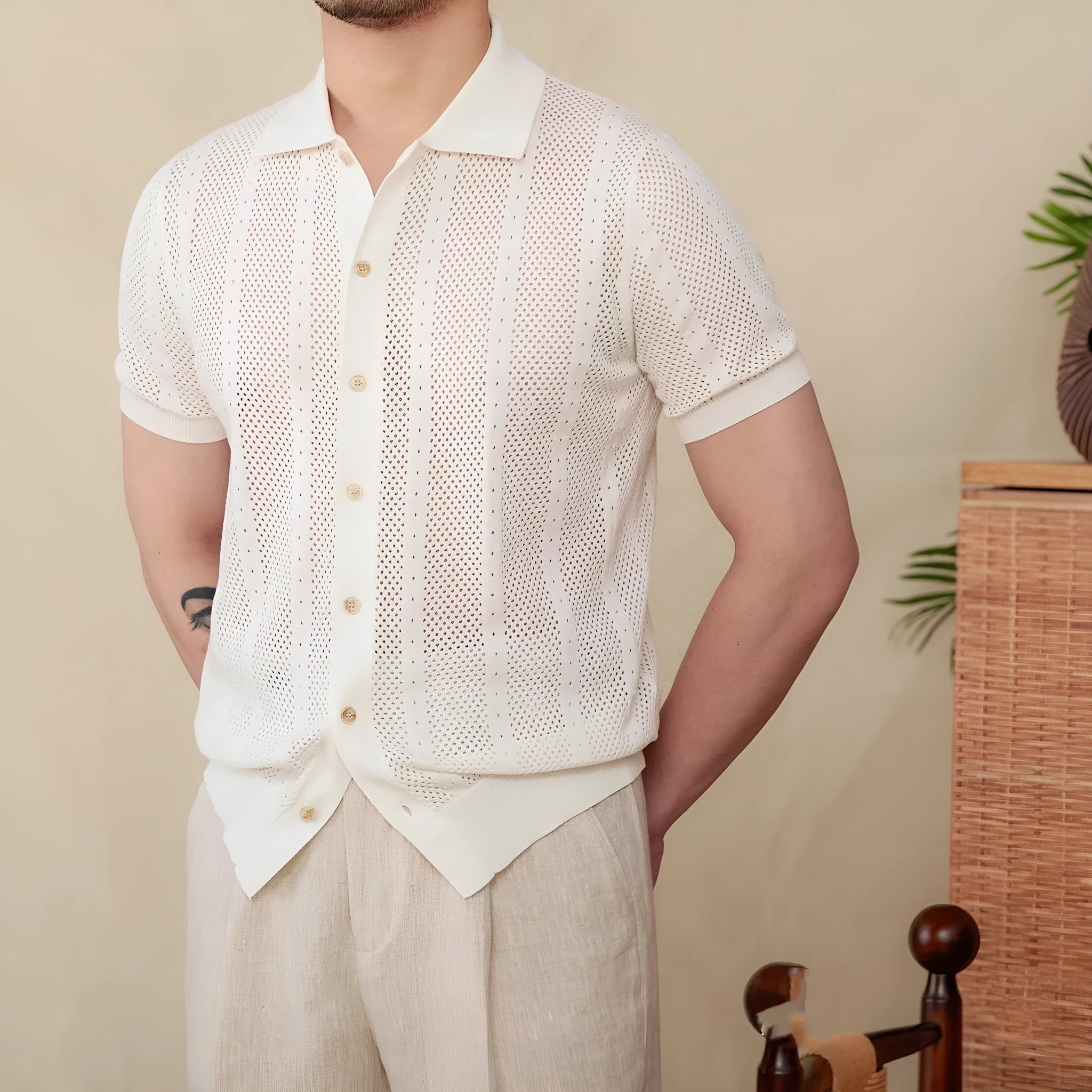 Men's 100% cotton short sleeve lapel cardigan shirt in creamy-white, breathable knitted casual top