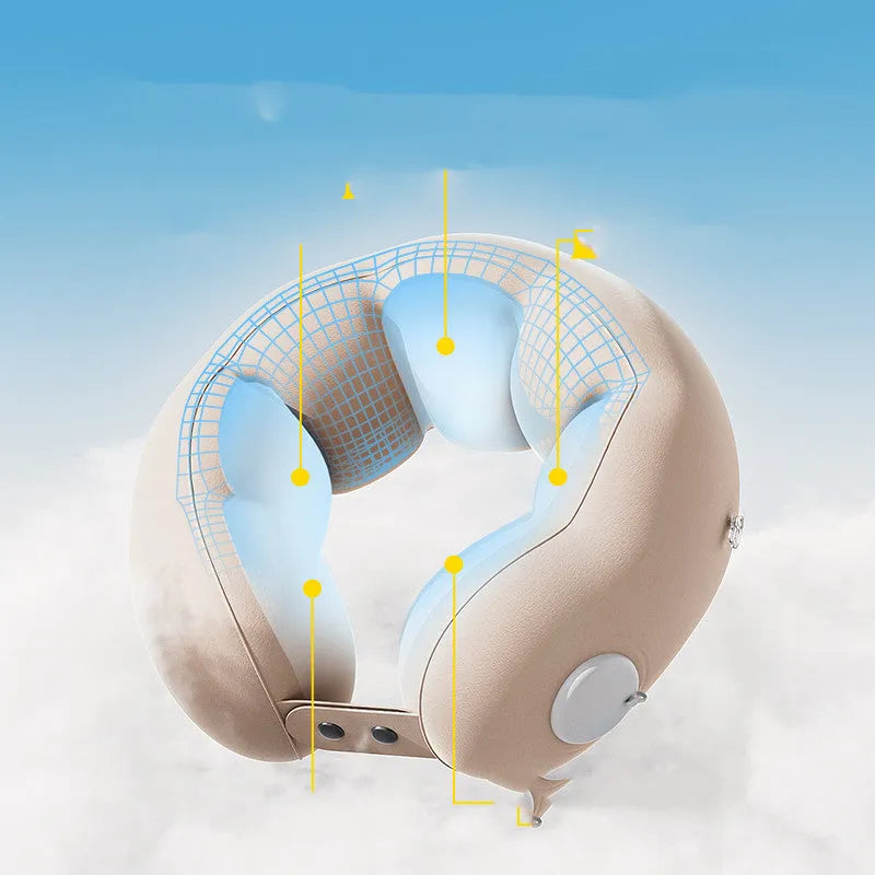 Portable inflatable cloud bubble U-shaped travel neck pillow deflated on a surface showing cartoon design