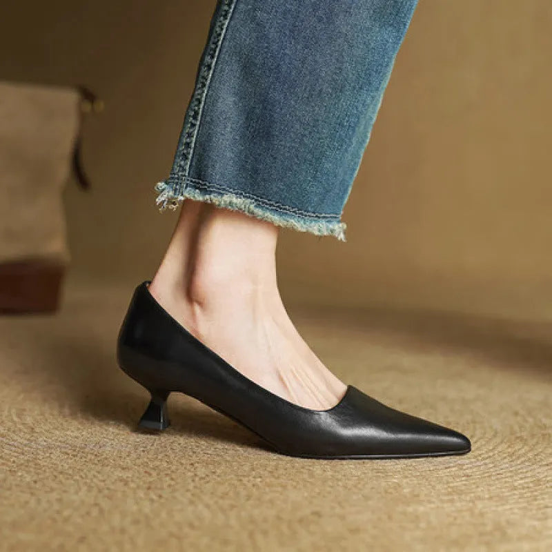Pointed toe shallow mouth work shoes in brown with waxed pigskin leather upper and mid heel