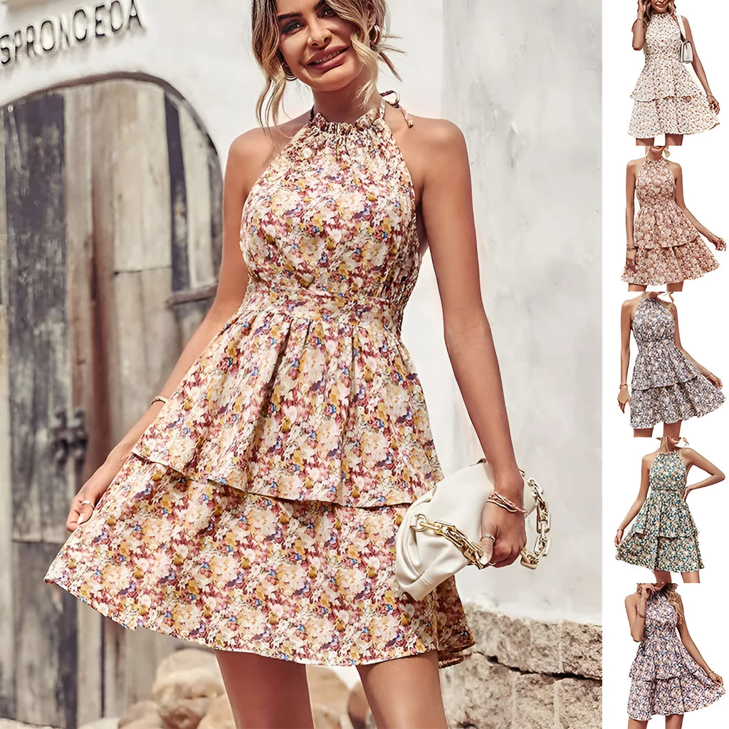 Women's backless halter neck A-line summer dress with ruffle details in a boho style.