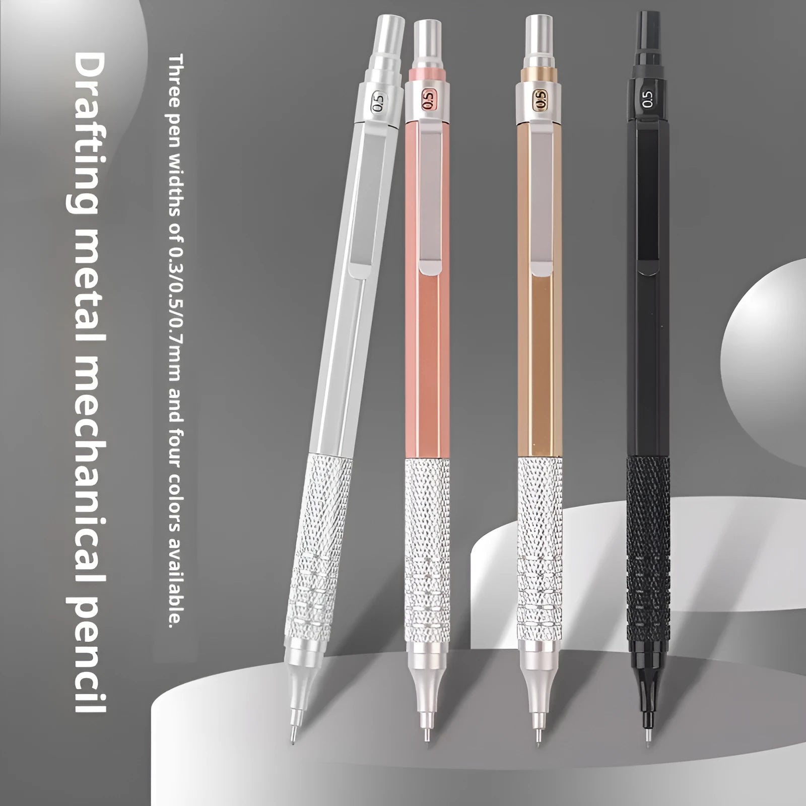 Low centre of gravity metal propelling pencil in silver finish with alloy body and visible lead tip