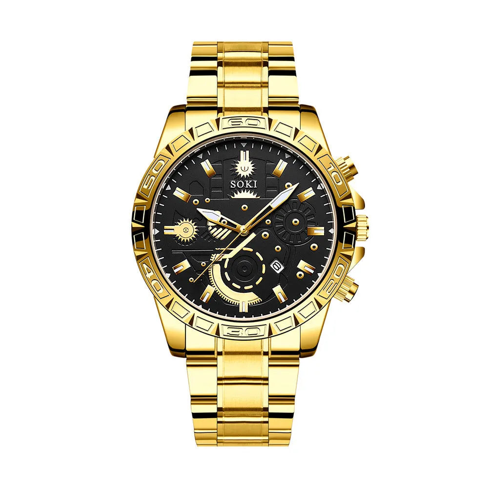 Gold-coloured men's business watch with stainless steel strap and calendar display