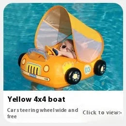 Mini inflatable car pedestal swimming ring for children in pink sports car design with steering wheel pattern