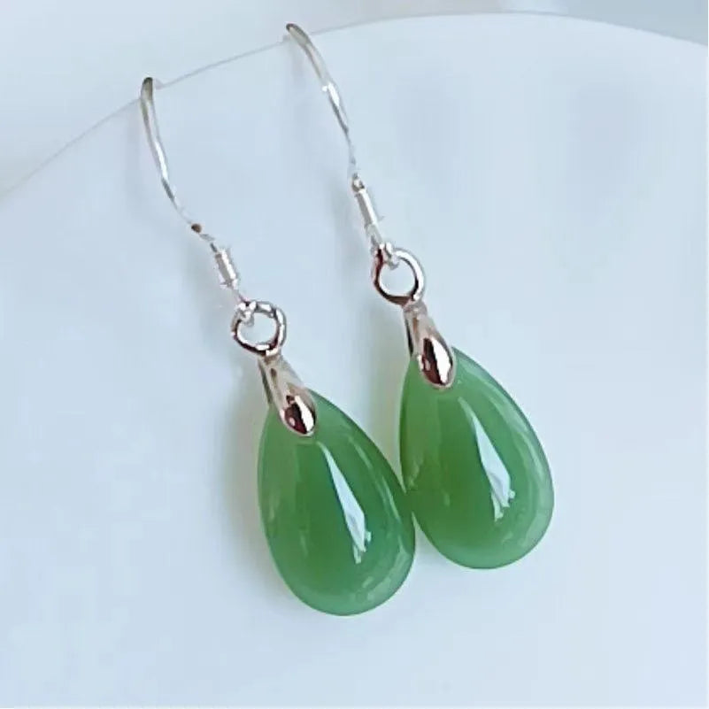 Natural Hetian Water Drop Female Jade Eardrop Earrings Alloy Studs Fashion Commuter Gray White Emerald