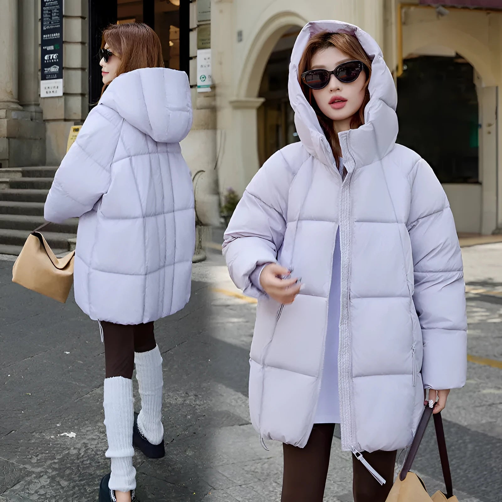 Women's padded fleece jacket in purple, hooded long sleeve loose fit style