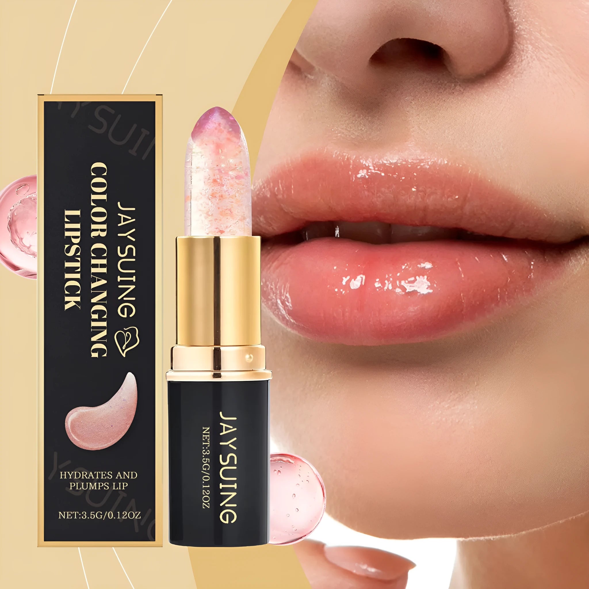 Moisturising colour changing lipstick with hyaluronic acid and jojoba oil, 3.5g, displaying a sheer pink tint