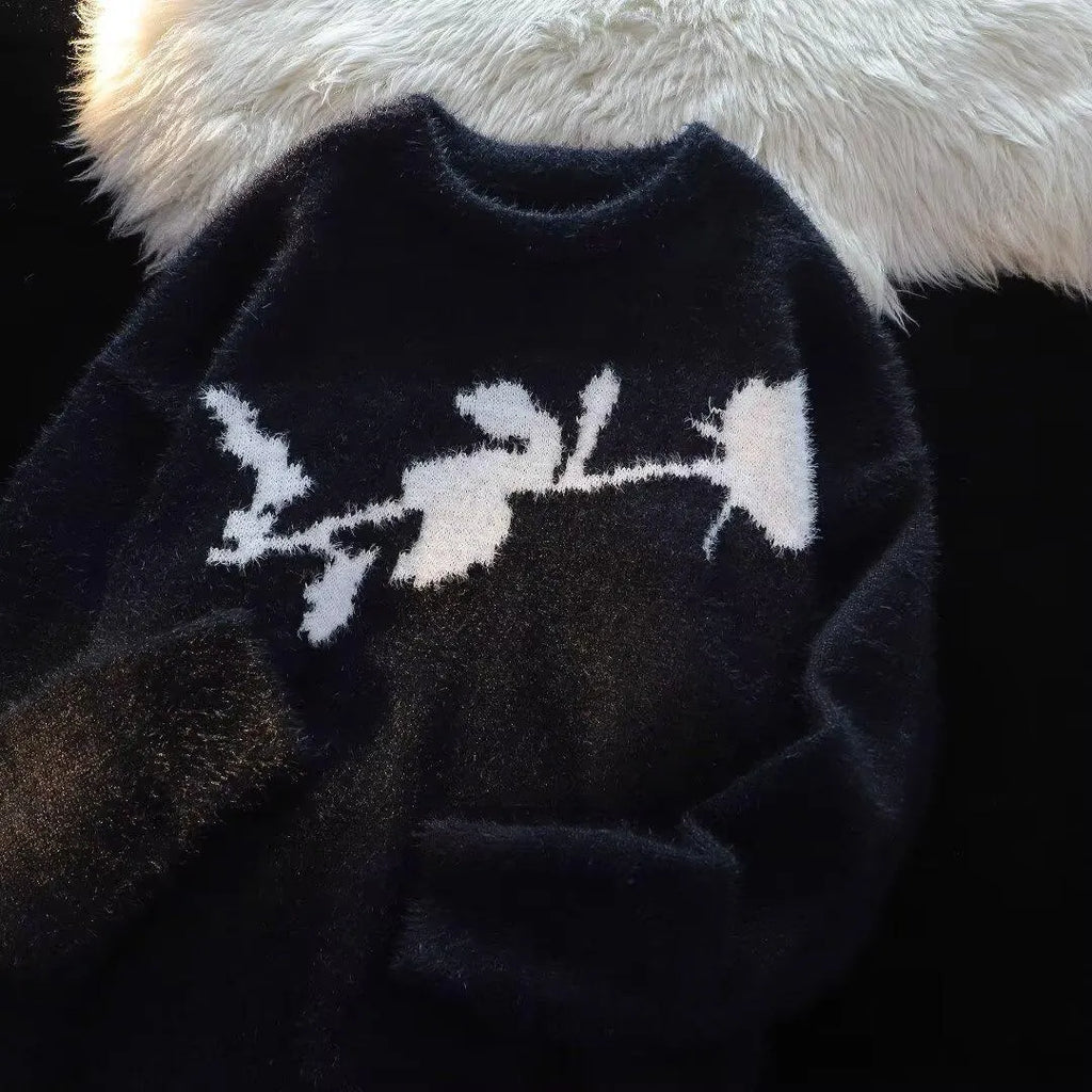 American dark rose flocking horse sweater for men, long sleeve pullover in black, cotton blend fabric