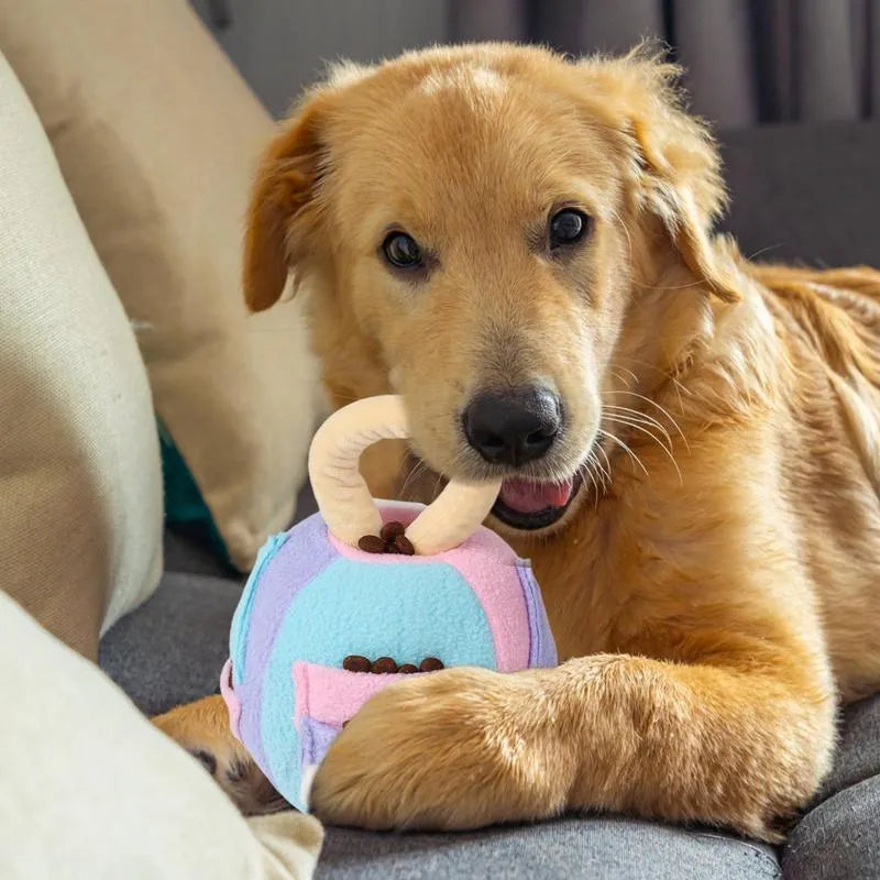 Green and pink plush squeaky dog ball toy with treat pockets for small medium dogs