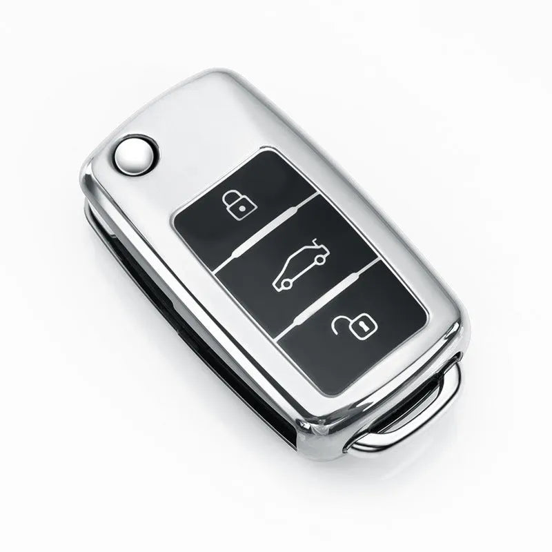 VW Model A folding car key case in TPU material with buckle closure in silver, blue, pink, and red colours