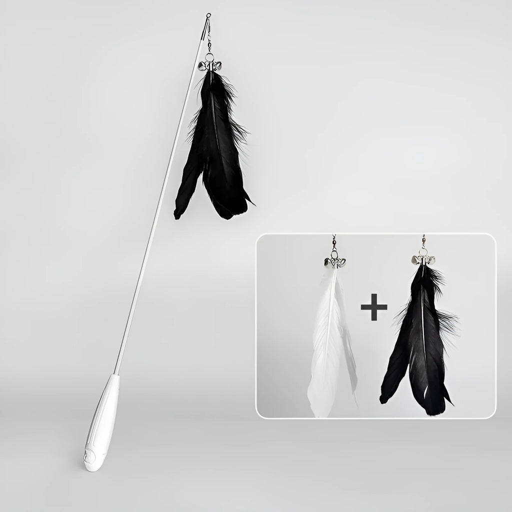 Telescopic cat fishing rod toy with self-hi bell and white goose feather lure on white shaft, extended for play