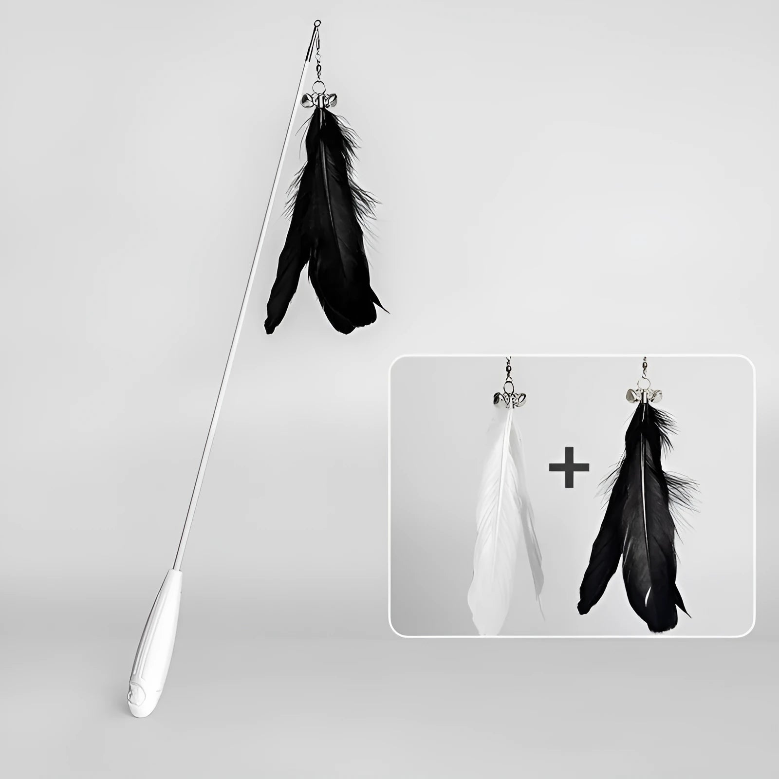 Telescopic cat fishing rod toy with self-hi bell and white goose feather lure on white shaft, extended for play