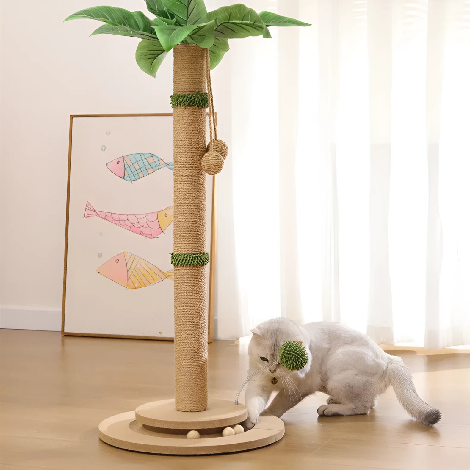 Vertical cat climbing frame with hemp rope scratcher and canna coloured chamfered column.