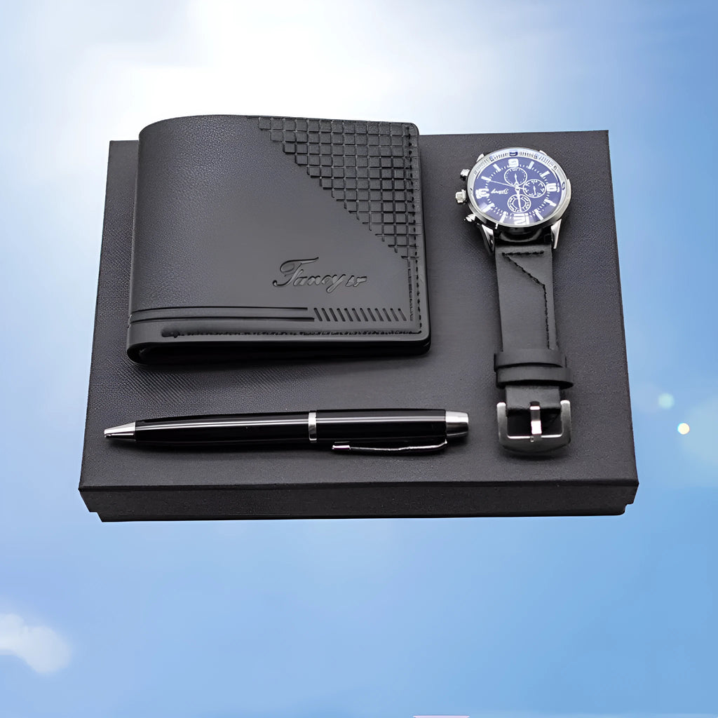 Brown and black 4-piece business gift sets featuring a watch, wallet, pen, and modern simple style presentation box.
