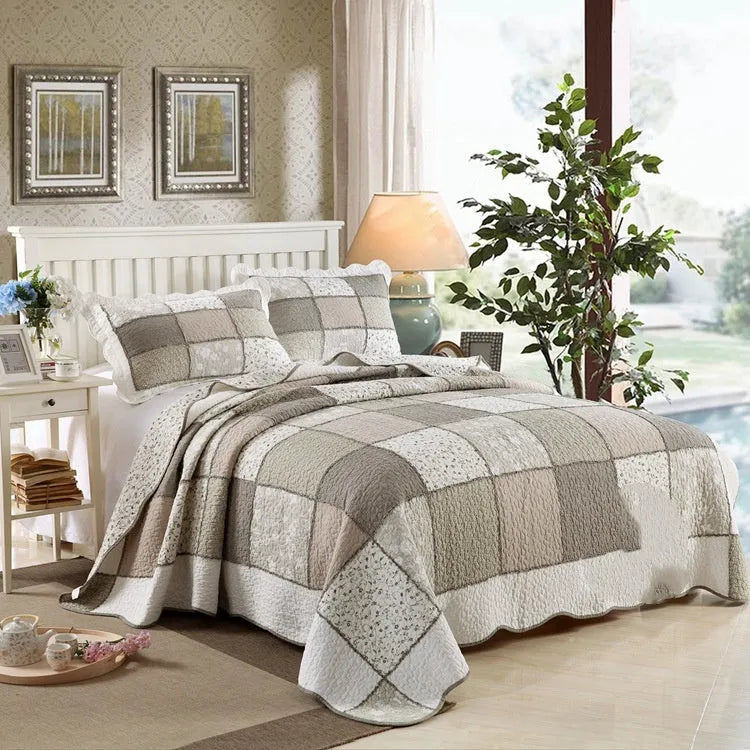 Pure cotton quilted bedspread three-piece set showing bed cover and pillowcases in a chosen colour pattern.