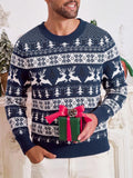 Men's red jacquard Christmas sweater with round neck and long sleeves on a model