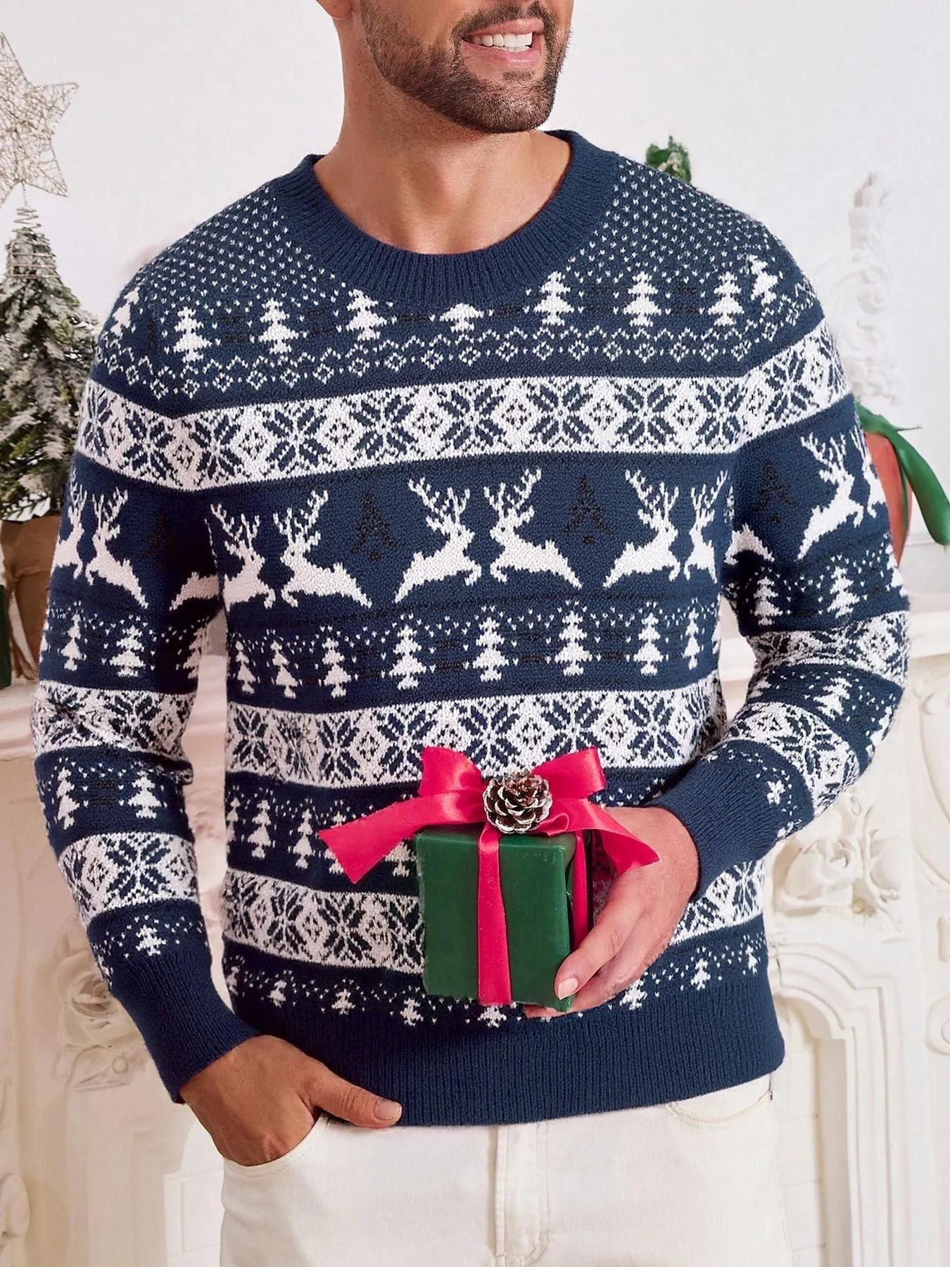 Men's red jacquard Christmas sweater with round neck and long sleeves on a model