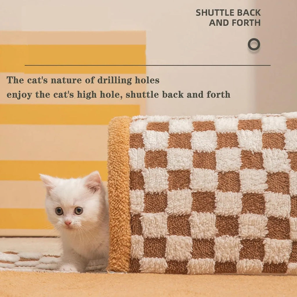 XL brown plaid plush cat tunnel bed with central mat and non-slip bottom on a wooden floor.