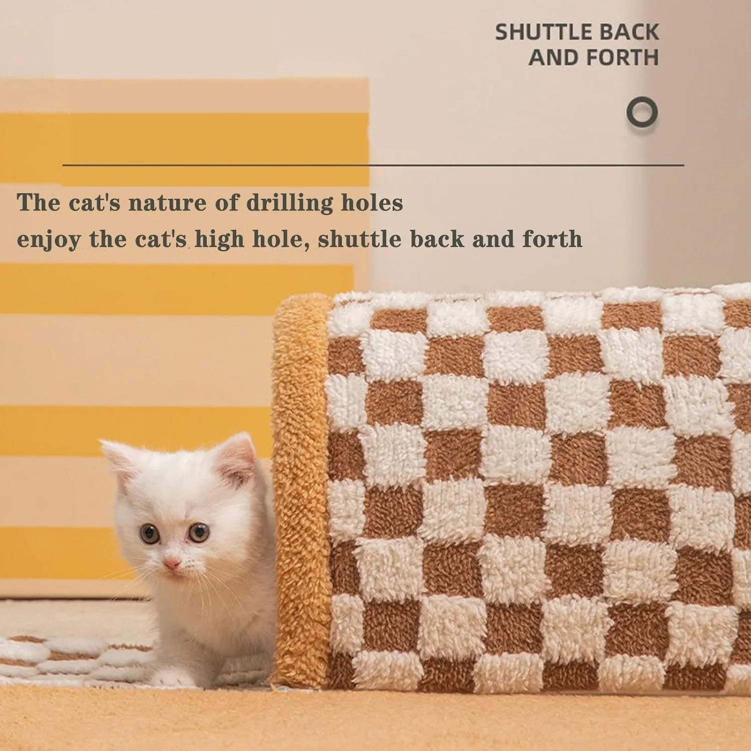 XL brown plaid plush cat tunnel bed with central mat and non-slip bottom on a wooden floor.