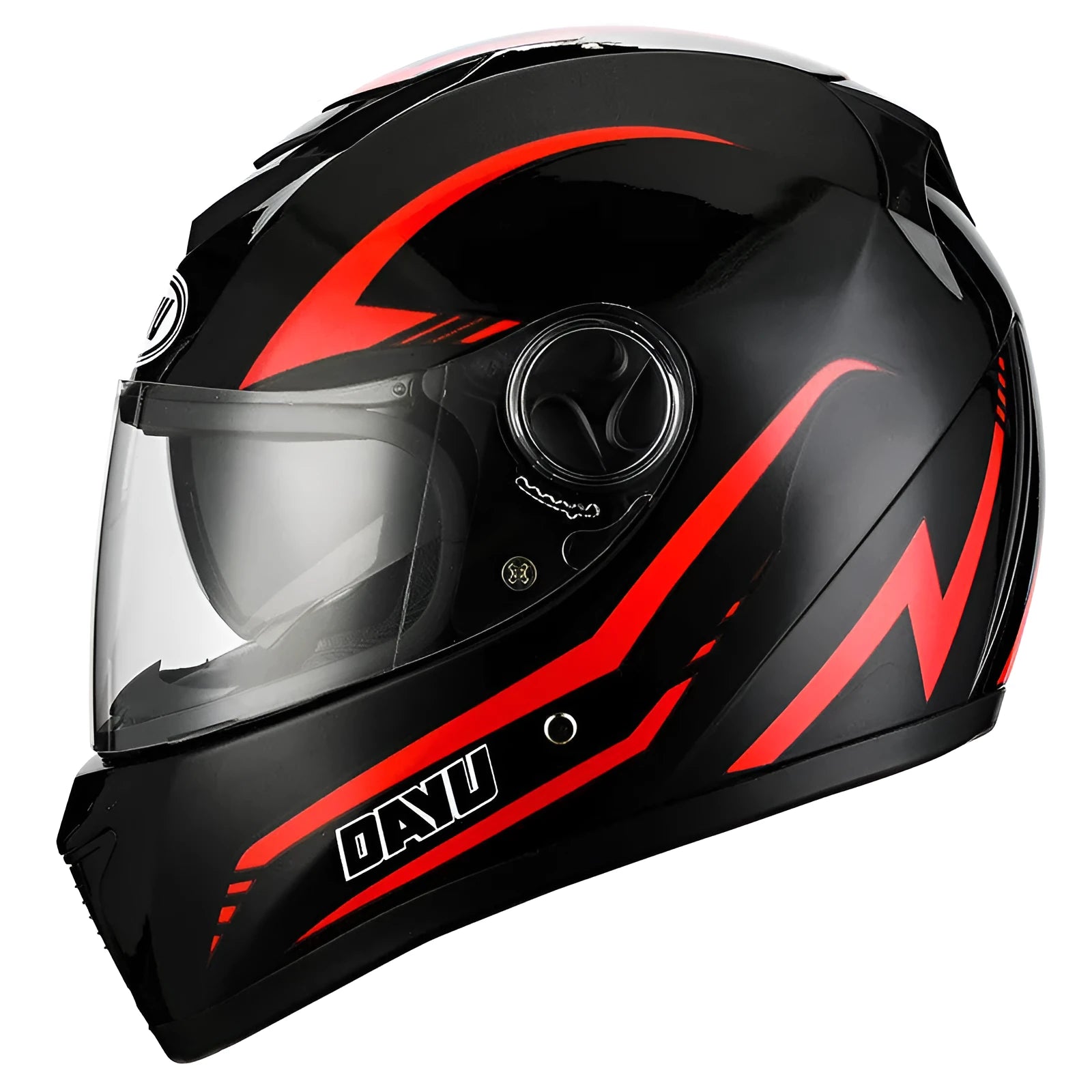 Safety double lens motorcycle helmet in black and red pattern on a dark background