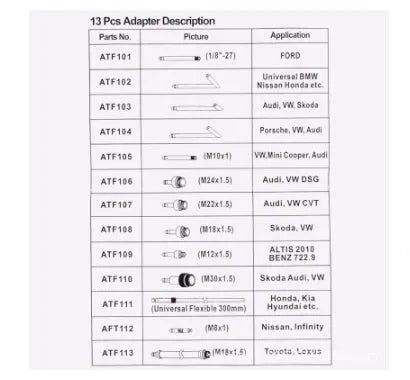 Transmission oil refuelling kit with manual pump and thirteen accessory pieces for fluid transfer