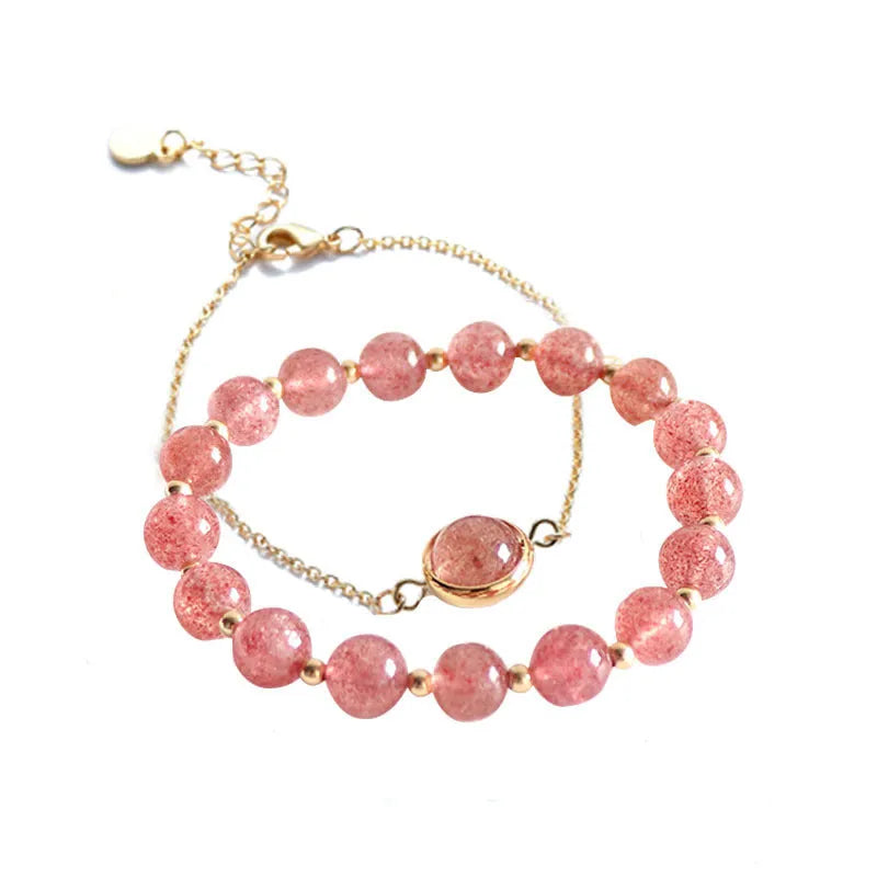 Double-layer strawberry crystal bracelet with lucky beads, electroplated real gold on copper, natural stone beads