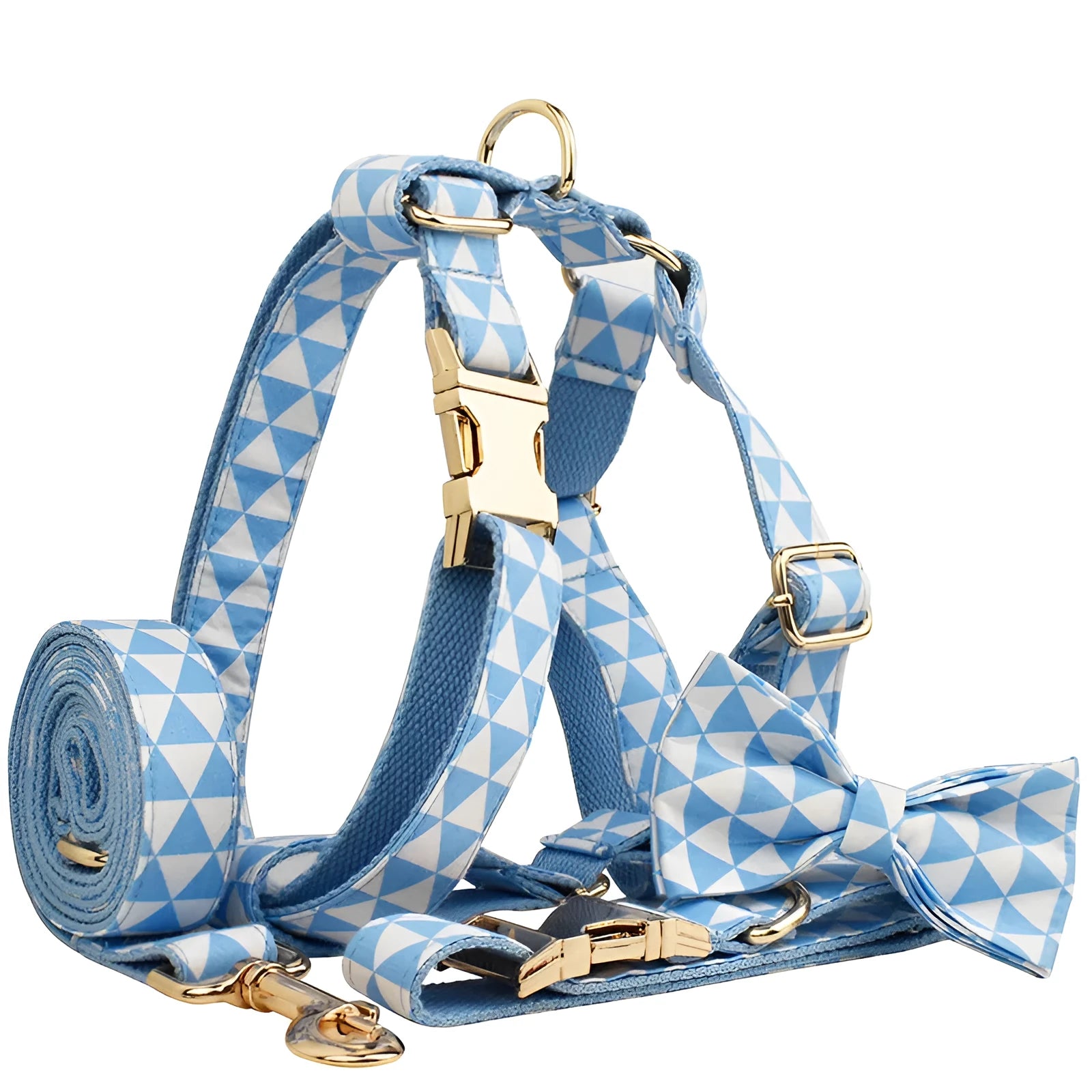 Blue triangular ring design dog vest set with matching collar, rope lead, and bow tie accessory