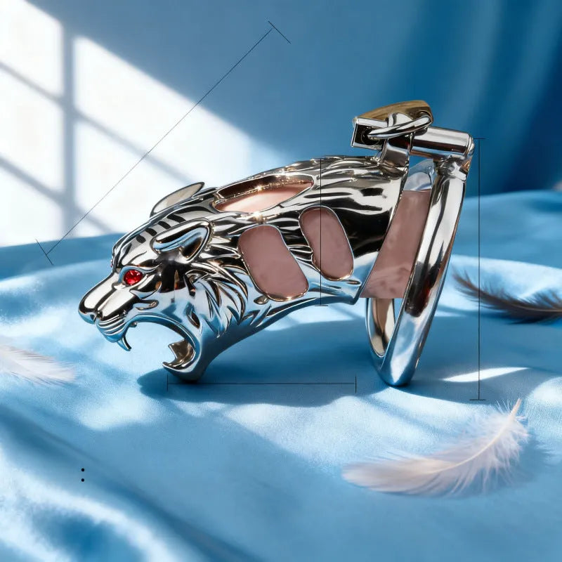 Yellow stainless steel chastity lock with tiger head hollow design, available in 40mm 45mm 50mm