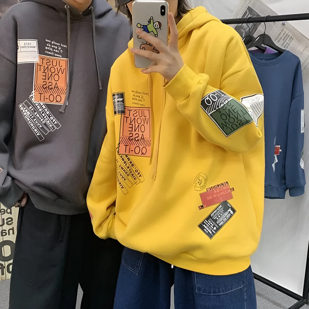 Printed hoodie with lapel collar and long sleeves, shown in one of eight colour options, fabric is cotton blended with 85% polyester