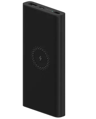 Black and white 10000mAh power bank with USB Type-C port and wireless charging