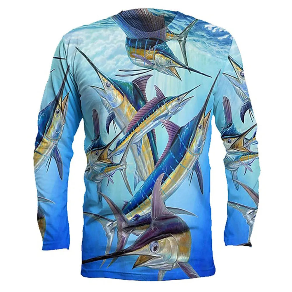 Men's round neck long sleeve pullover top with a fish print design in various colours.