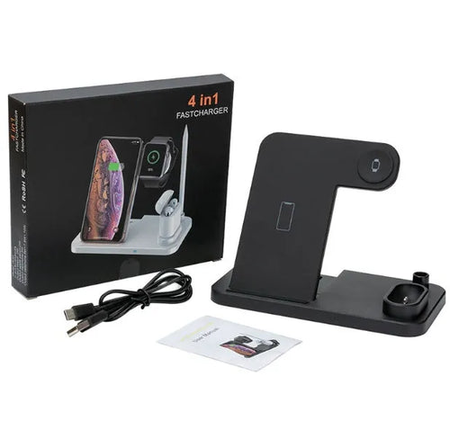 Black 4-in-1 wireless charging station for iPhone, Apple Watch, AirPods and Apple Pencil on a desk