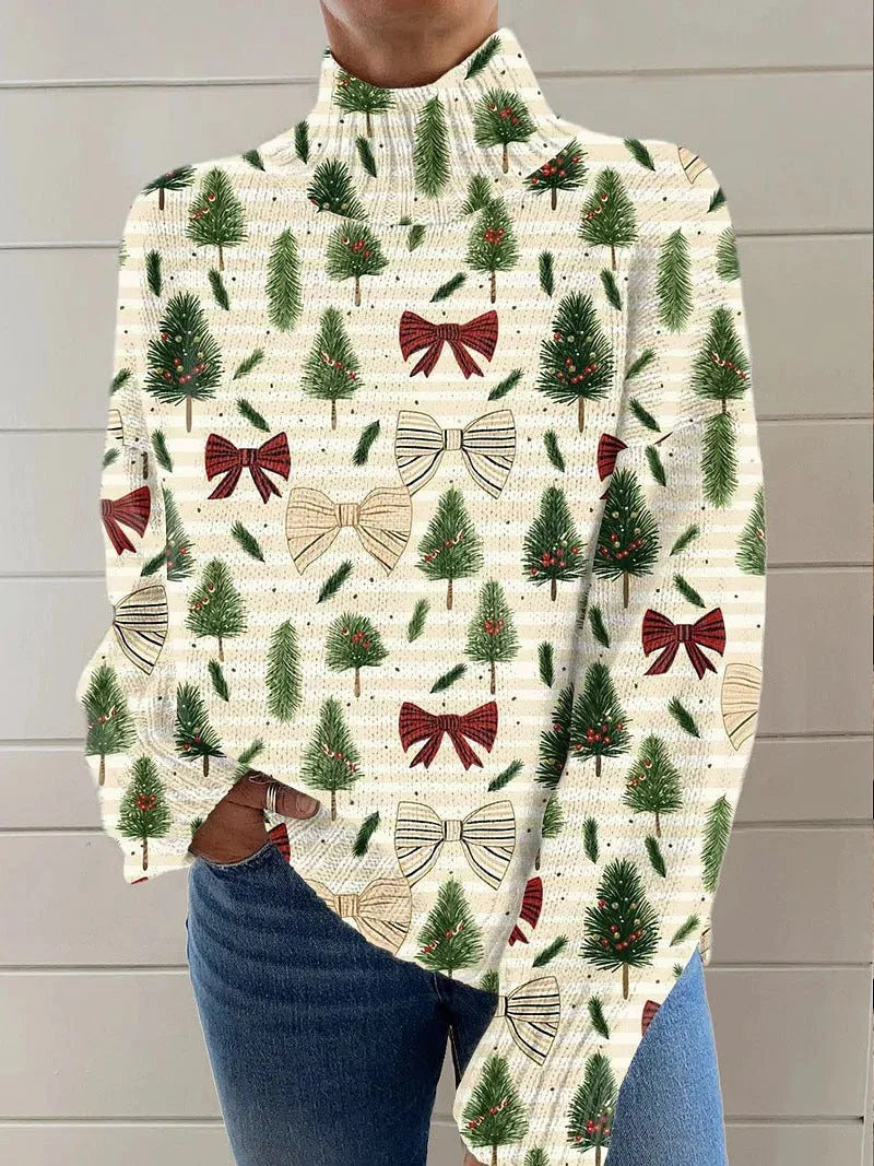 Women's loose fit Christmas printed turtleneck sweater in a macaron colour, showcasing the painting pattern and long sleeves.