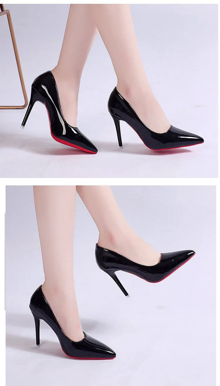 Women's solid colour pointed toe stiletto pump on a white background.
