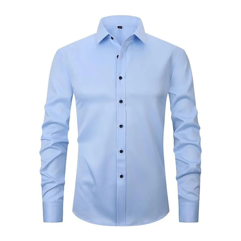 Men's stretch polyester long sleeve work shirt shown in a light colour on a hanger