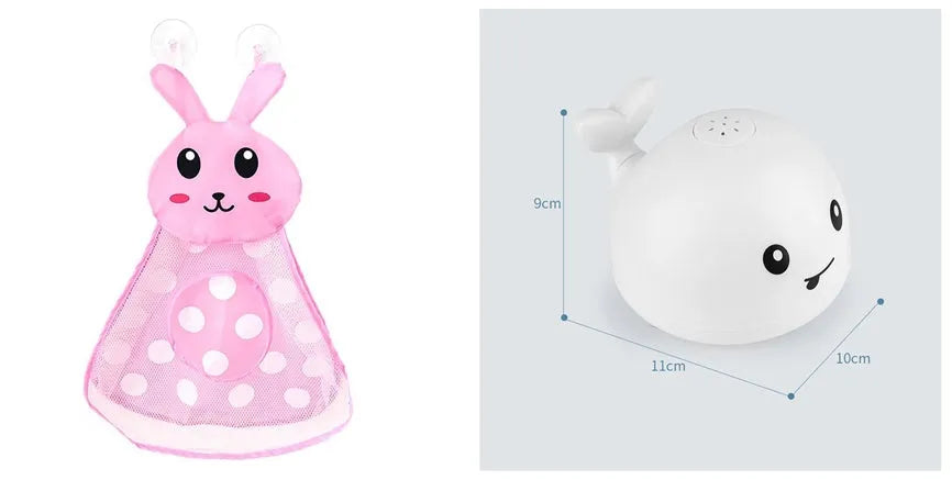 White and blue electric whale bath toy spraying water with lights on a base.