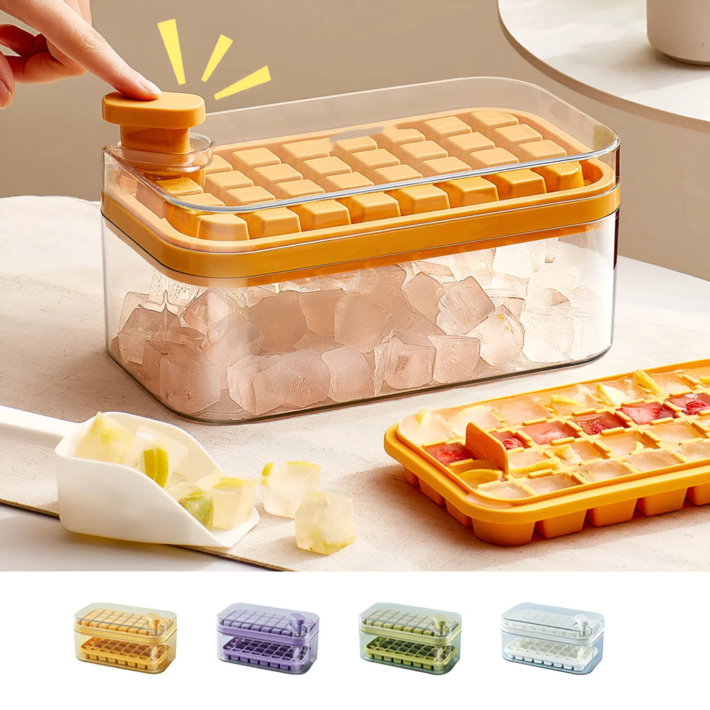One-button press plastic ice cube tray mold with green storage box lid, stackable design