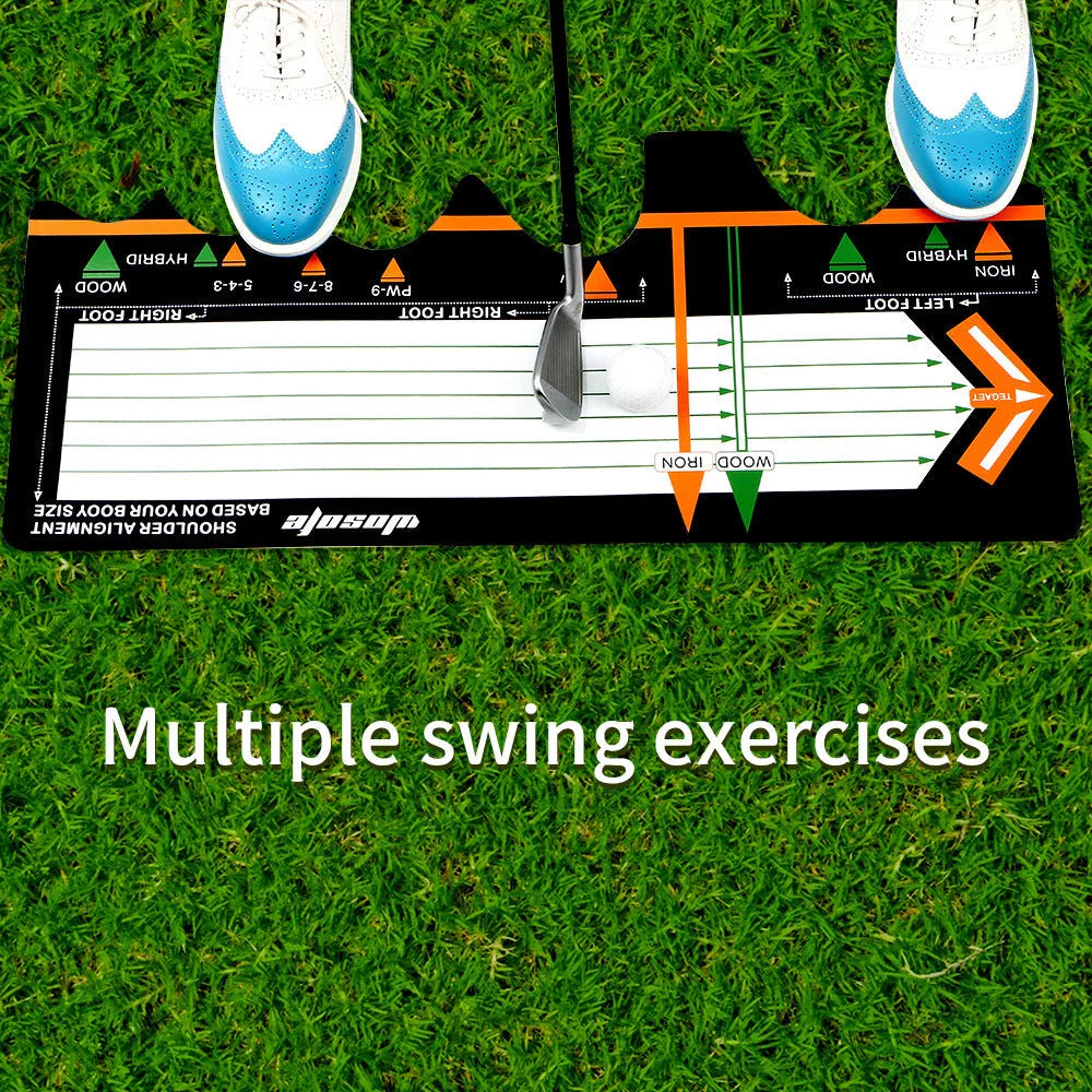 Black neoprene golf swing stance correction mat with alignment markings for practice