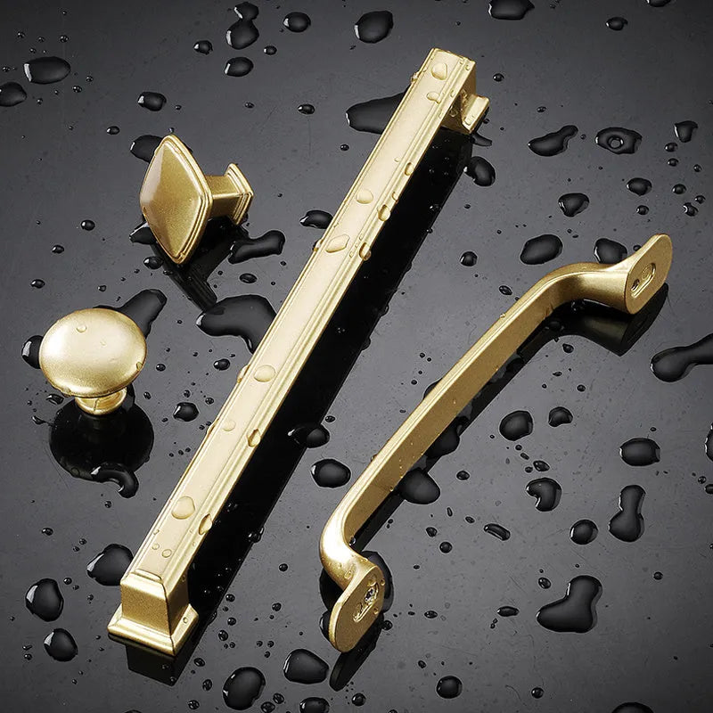 Gold T-shaped aluminium alloy cabinet handle showing three hole distance options