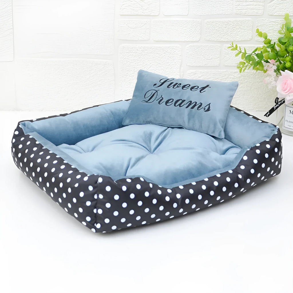 Polka dot printed small dog bed with matching square pillow in rose red, lake blue, pink, or gray