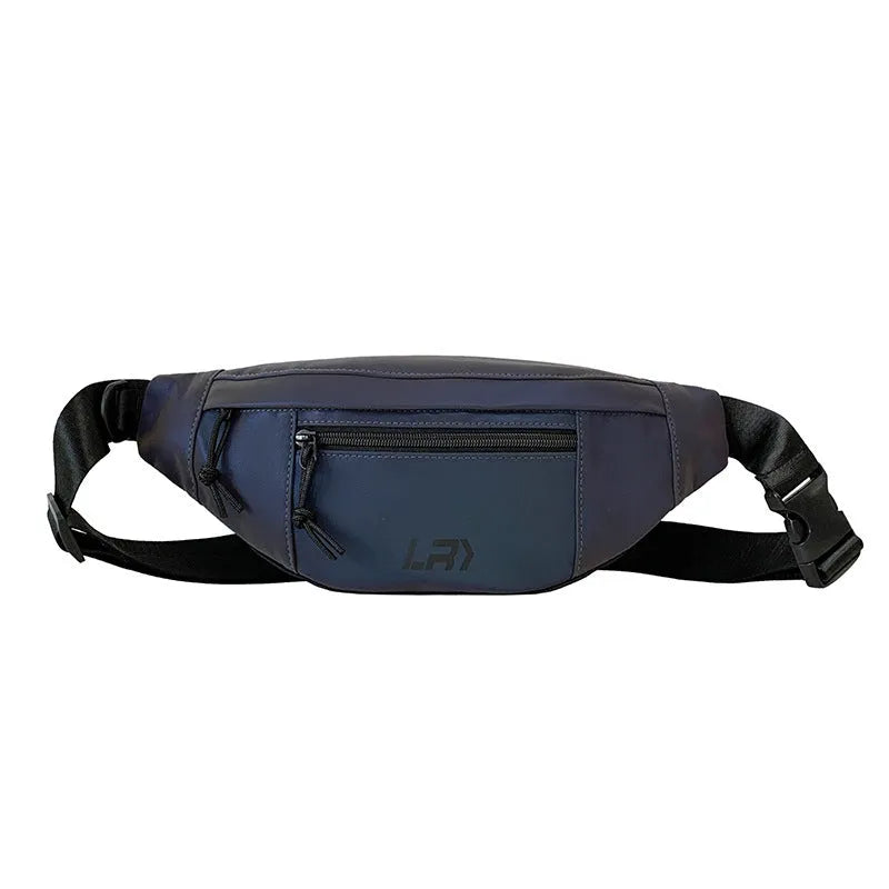 Blue reflective Oxford cloth crossbody bag with an open pocket and soft handle.