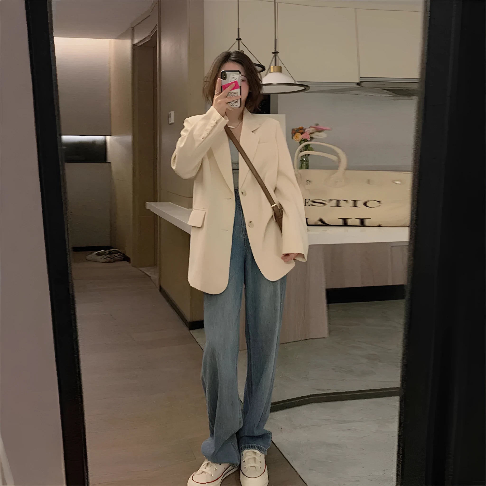 Korean-style fried street small suit jacket in polyester, shown in beige, black, and coffee colours with pockets