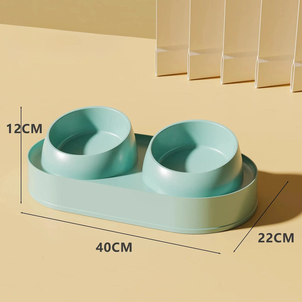 Pet double bowl feeder with 10° tilt, 12cm height, white base, and ceramic bowls on non-slip silicone pad