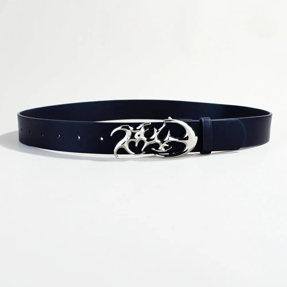 Silver buckle casual belt with PU leather strap showing snap button fastening
