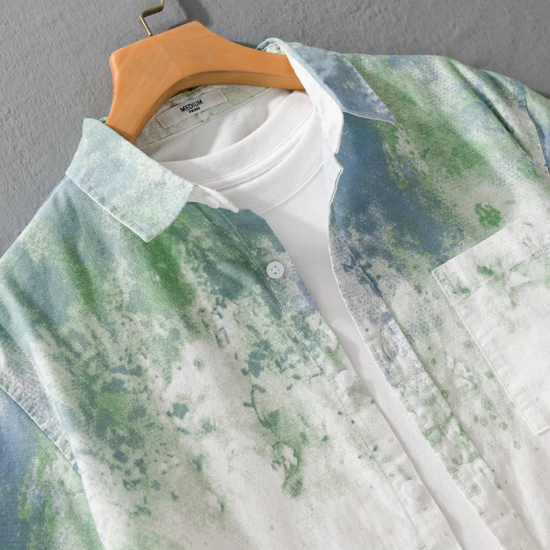 Menswear pure cotton hanging dyed short-sleeved shirt in green, loose cardigan-style fit, front view