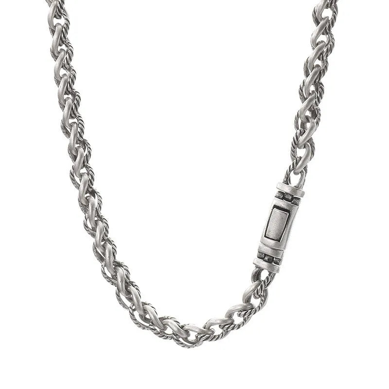 Men's titanium steel keel chain necklace with geometric design on a large hemp flowers chain in antique silver.