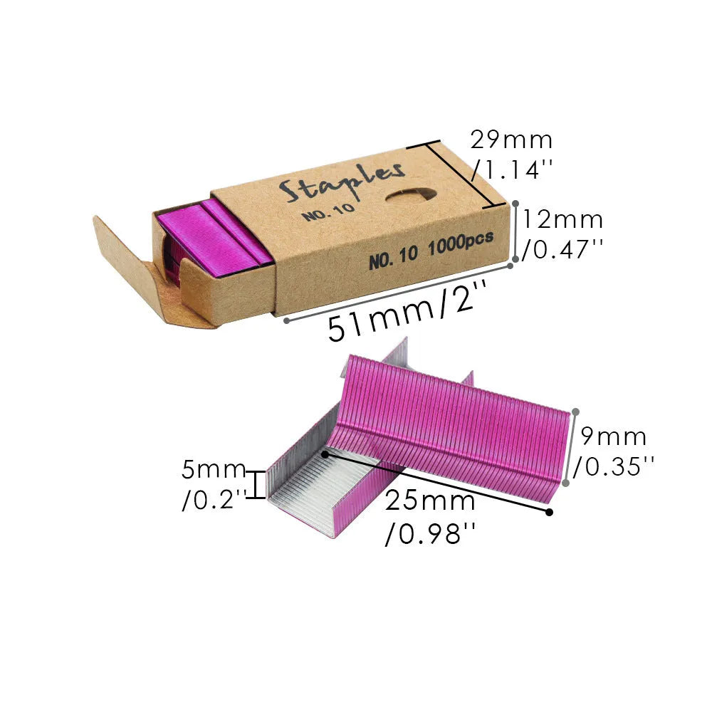 Box of 1000 metal office staples in rose gold, black, purple, and rose red colour options
