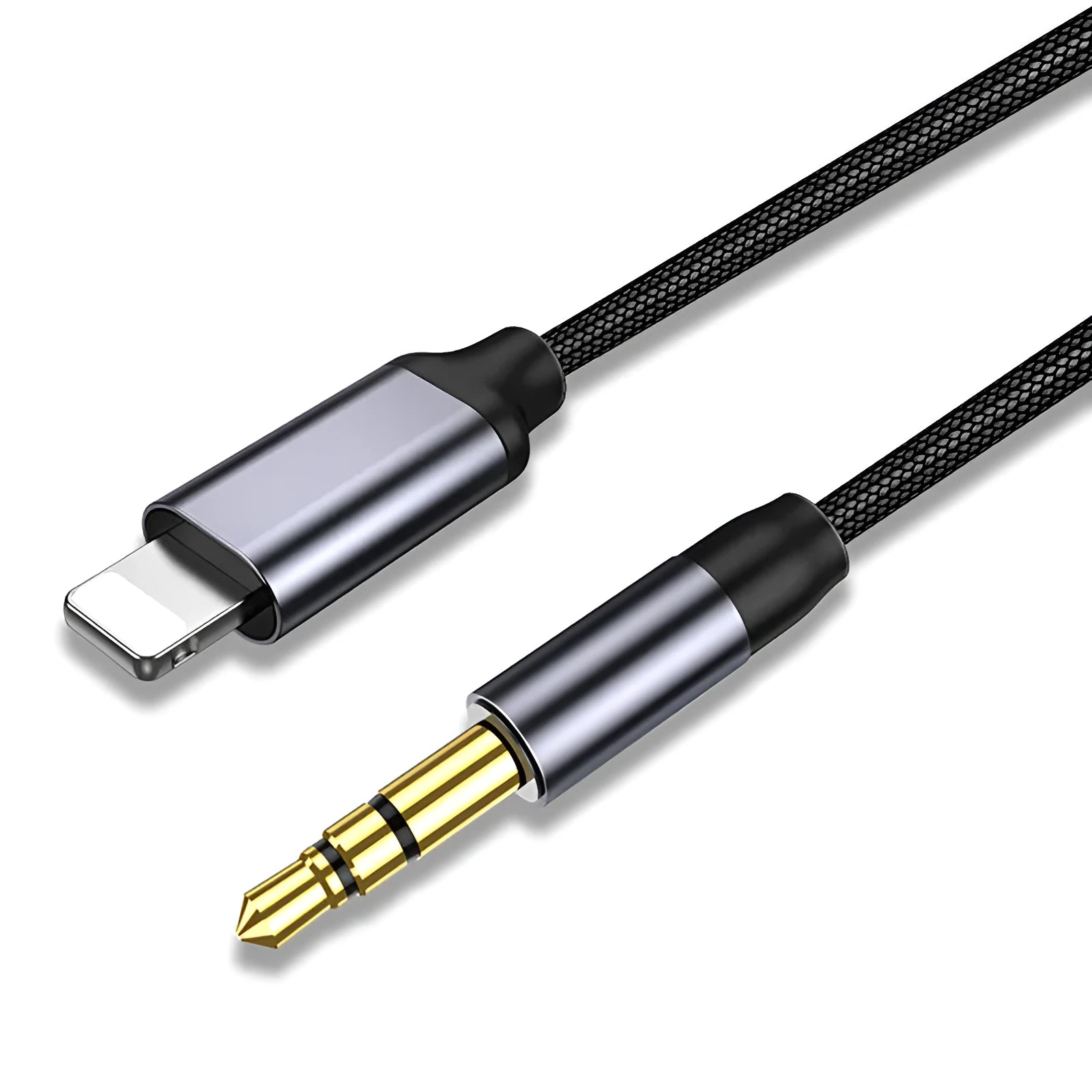Silver nylon-braided audio cable with 3.5mm connectors on a plain background.